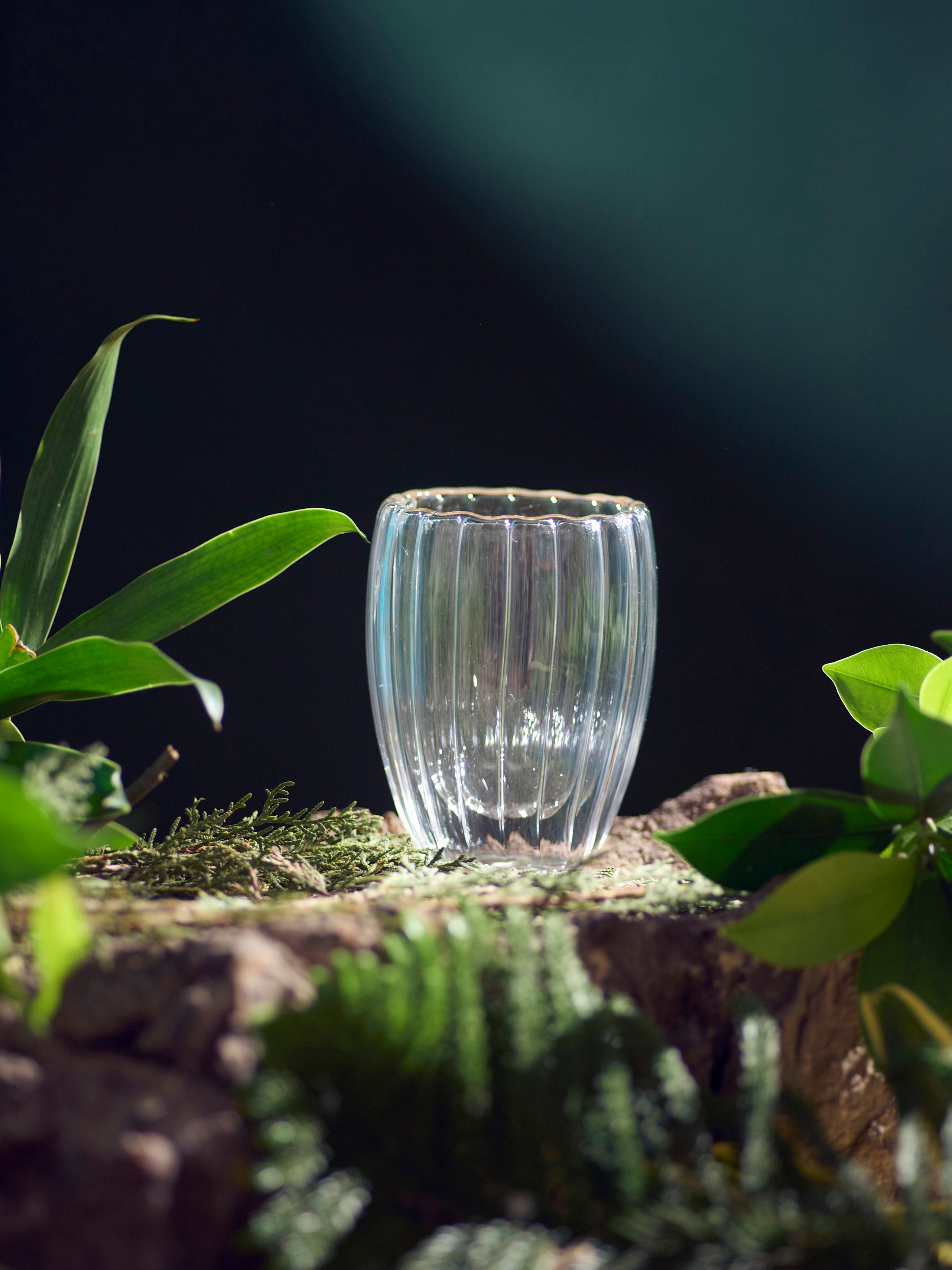 Fluted double wall glass cup insulated modern design premium drinkware for hot and cold beverages Fluted double wall glass cup insulated drinkware