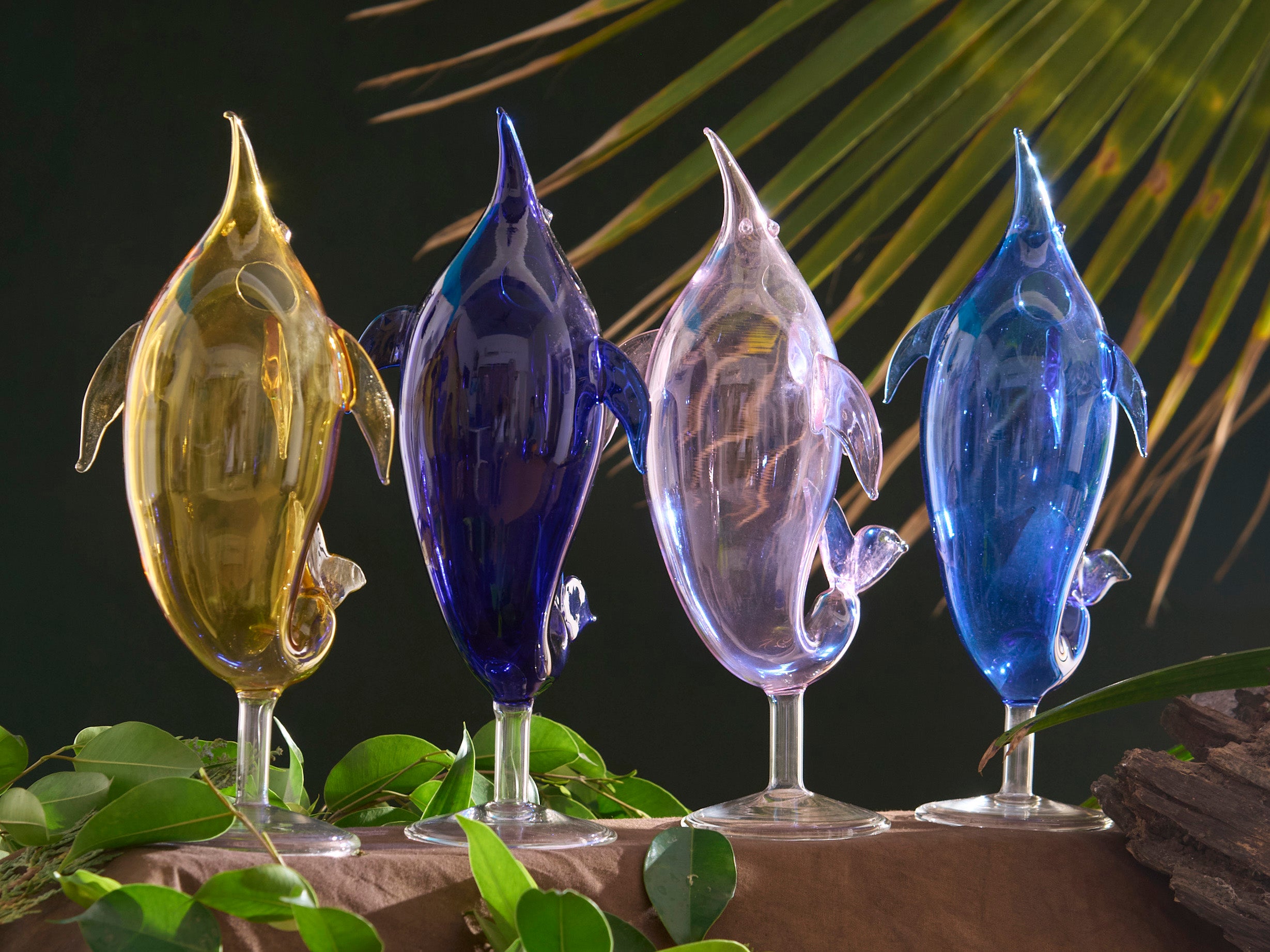 Coloured Dolphin Sip Cocktail glass with artistic dolphin design stylish cocktail drinkware for bar and home use  Coloured dolphin cocktail glass designer drinkware