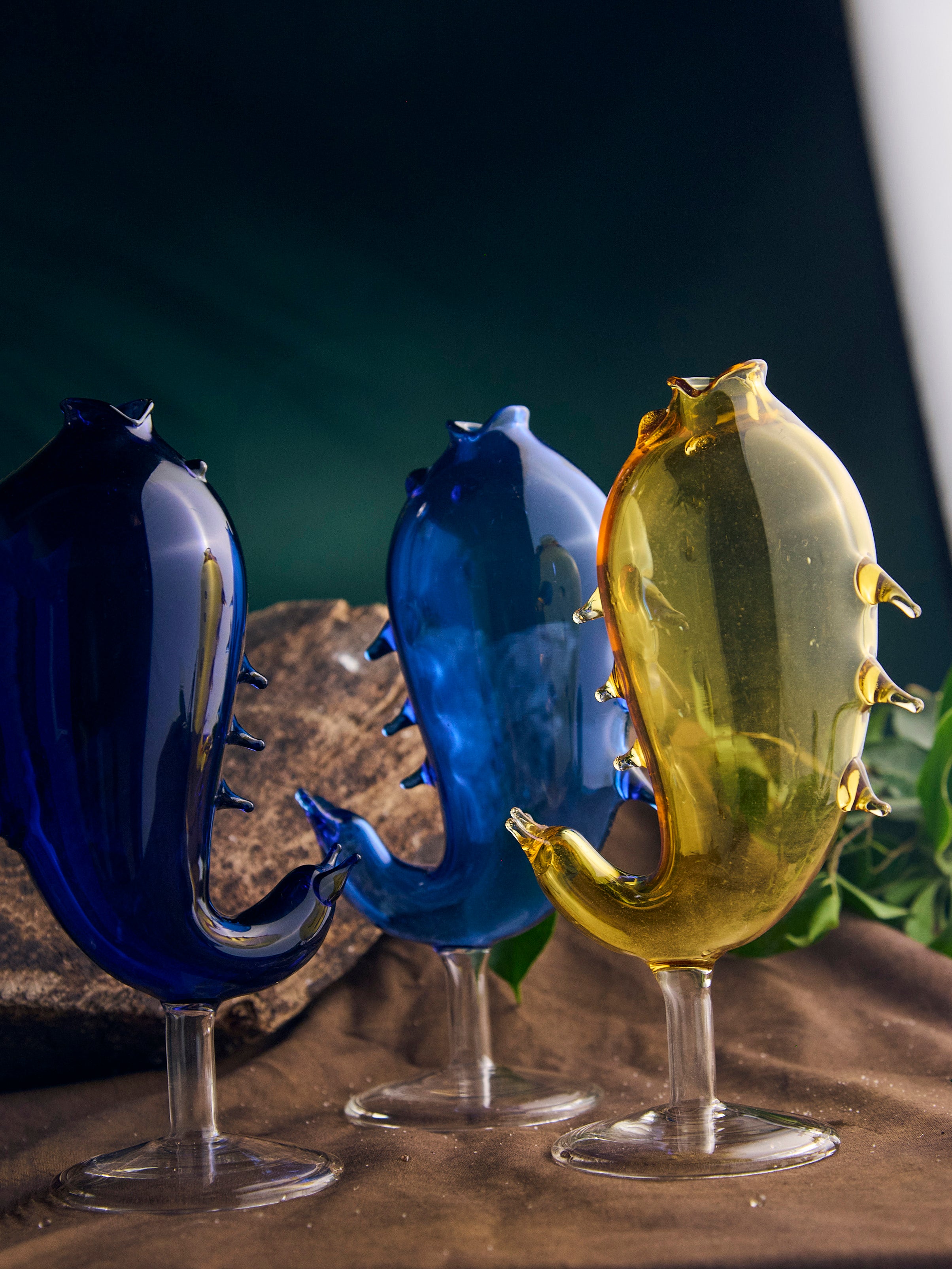 Colored ocean fishes designer glass artistic marine themed drinkware premium glassware for cocktails and beverages Colored ocean fishes designer glass artistic drinkware